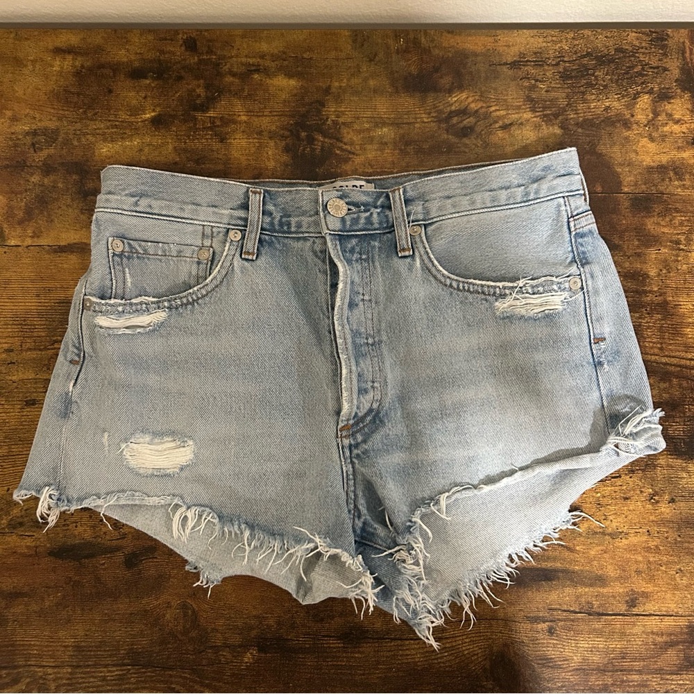 Agolde Distressed Light Blue Denim Shorts Parker